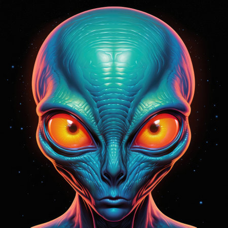 Colourful psychedelic portrait of an alien with big eyes. Illustration design. Template for t-shirt print, sticker, poster, etc.の写真素材