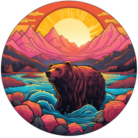 Illustration of a large bear against nature and mountains in a circular frame isolated on a white background. Template and design element for sticker, poster, t-shirt print, etc.の写真素材