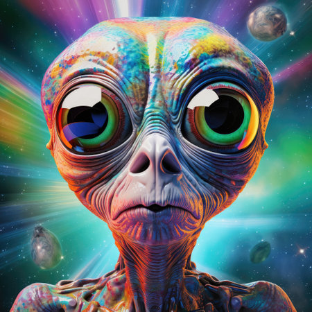 Portrait of a cartoon alien humanoid with big eyes on a colourful otherworldly background in...