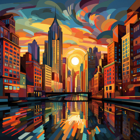 A dynamic urban landscape showcases towering buildings reflecting vibrant colors in a river during sunset.の写真素材
