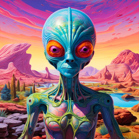 Portrait of a cartoon alien humanoid with big eyes on a colourful otherworldly background in...
