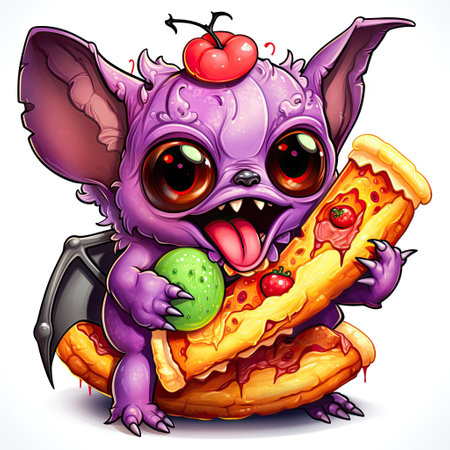 Kawaii bat. Cute and funny cartoon baby bat eats pizza with pleasure. Template for sticker, t-shirt print, etc.の写真素材