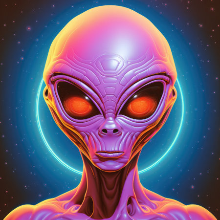 Colourful psychedelic portrait of an alien with big eyes. Illustration design. Template for t-shirt print, sticker, poster, etc.の写真素材