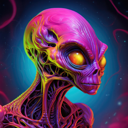 Portrait of a cartoon alien humanoid with big eyes on a colourful otherworldly background in...