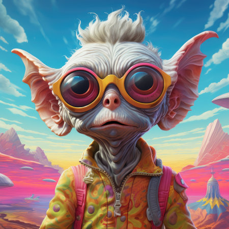 Portrait of a cartoon alien humanoid with big eyes on a colourful otherworldly background in...