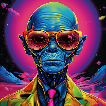 Portrait of a cartoon alien humanoid with big eyes on a colourful otherworldly background in...