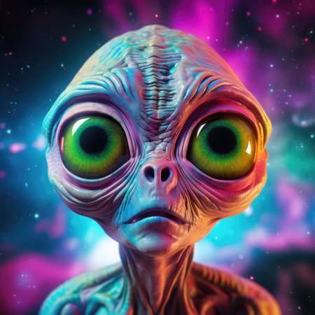 Portrait of a cartoon alien humanoid with big eyes on a colourful otherworldly background in psychedelic pop art style. Template for print, sticker, poster, etc.の写真素材