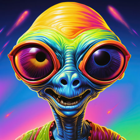 Portrait of a cartoon alien humanoid with big eyes on a colourful otherworldly background in...