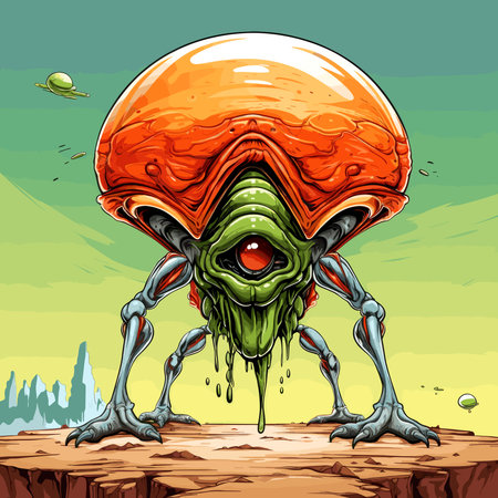 Cartoon alien in vector pop art style. Template for t-shirt print, sticker, poster, design element, etc.のイラスト素材