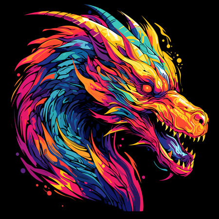 Portrait of a fairy dragon in psychedelic vector pop art style. Mythological creature in bright colours. Template for t-shirt print, poster, sticker, etc.のイラスト素材
