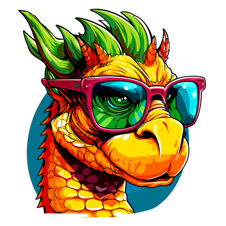 Cute and funny fairy tale dragon with glasses in vector pop art style. Mythological creature in bright colours. Template for t-shirt print, poster, sticker, etc.のイラスト素材