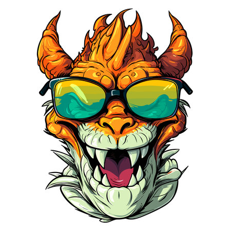 Cute and funny fairy tale dragon with glasses in vector pop art style. Mythological creature in bright colours. Template for t-shirt print, poster, sticker, etc.のイラスト素材