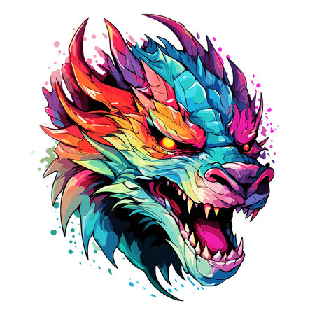 Portrait of a fairy dragon in psychedelic vector pop art style. Mythological creature in bright colours. Template for t-shirt print, poster, sticker, etc.のイラスト素材