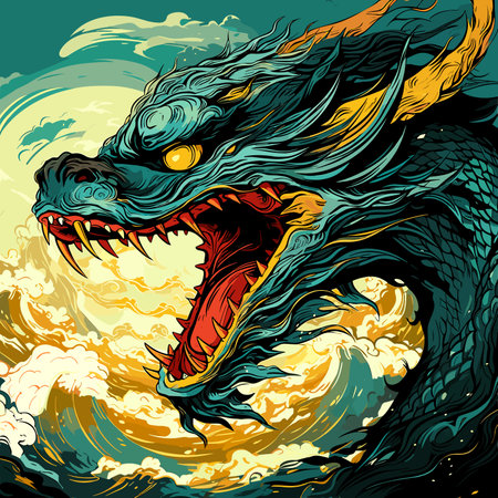A mystical being. A scary and terrible dragon in vector pop art style. Template for t-shirts, stickers and more.のイラスト素材
