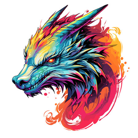 Portrait of a fairy dragon in psychedelic vector pop art style. Mythological creature in bright colours. Template for t-shirt print, poster, sticker, etc.のイラスト素材