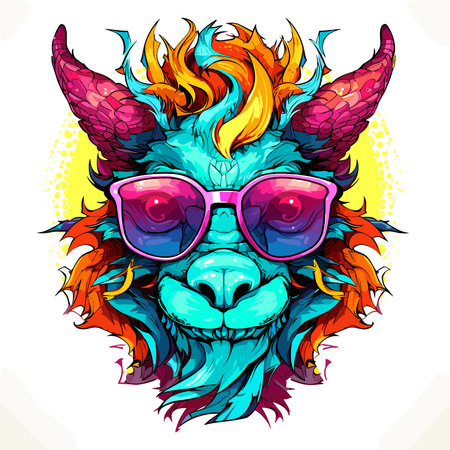 Cute and funny fairy tale dragon with glasses in vector pop art style. Mythological creature in bright colours. Template for t-shirt print, poster, sticker, etc.のイラスト素材
