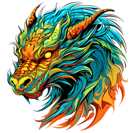 Portrait of a fairy dragon in psychedelic vector pop art style. Mythological creature in bright colours. Template for t-shirt print, poster, sticker, etc.のイラスト素材