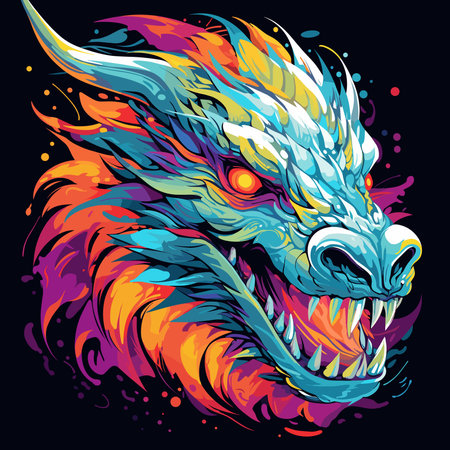 Portrait of a fairy dragon in psychedelic vector pop art style. Mythological creature in bright colours. Template for t-shirt print, poster, sticker, etc.のイラスト素材
