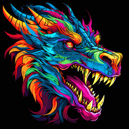 Portrait of a fairy dragon in psychedelic vector pop art style. Mythological creature in bright colours. Template for t-shirt print, poster, sticker, etc.のイラスト素材