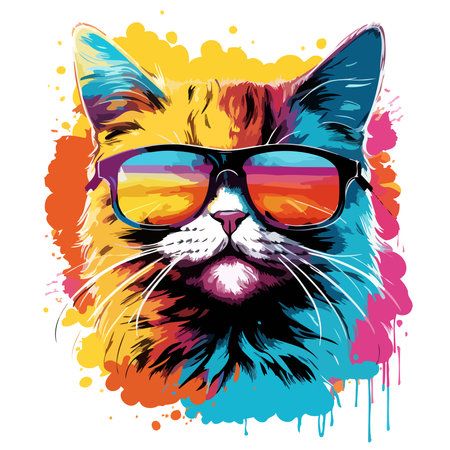 Portrait of a cat with sunglasses in vector pop art style on white background. Template for t-shirt, sticker, etc.のイラスト素材