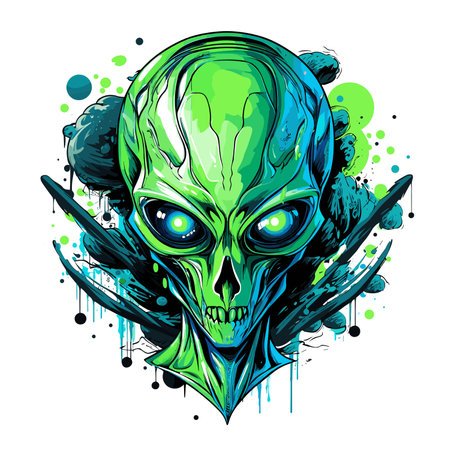 Humanoid alien portrait in vector graphic style. Template for t-shirt, sticker, etc.のイラスト素材