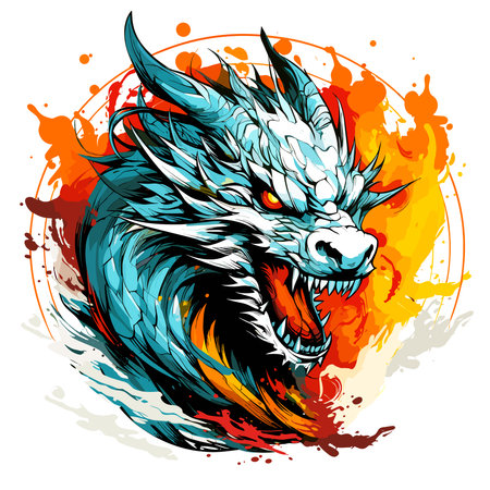 Portrait of a fairy dragon in psychedelic vector pop art style. Mythological creature in bright colours. Template for t-shirt print, poster, sticker, etc.のイラスト素材