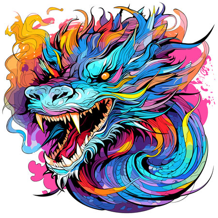 Portrait of a fairy dragon in psychedelic vector pop art style. Mythological creature in bright colours. Template for t-shirt print, poster, sticker, etc.のイラスト素材