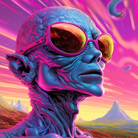 Portrait of a cartoon alien humanoid with big eyes on a colourful otherworldly background in...