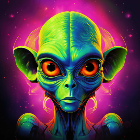 Portrait of a cartoon alien humanoid with big eyes on a colourful otherworldly background in...