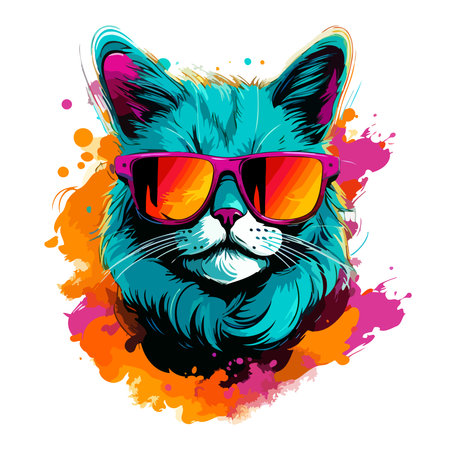 Portrait of a cat with sunglasses in vector pop art style on white background. Template for t-shirt, sticker, etc.のイラスト素材