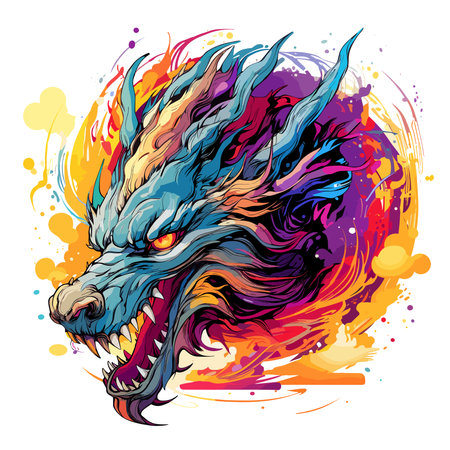 Portrait of a fairy dragon in psychedelic vector pop art style. Mythological creature in bright colours. Template for t-shirt print, poster, sticker, etc.のイラスト素材