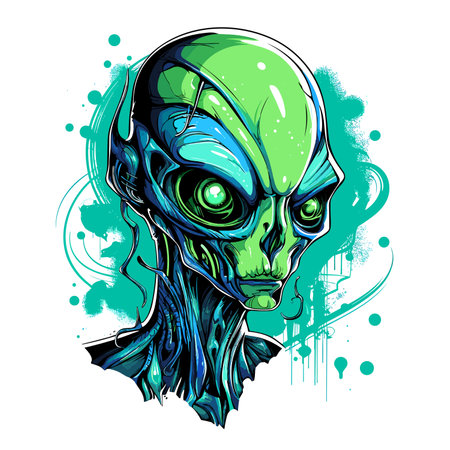 Humanoid alien portrait in vector graphic style. Template for t-shirt, sticker, etc.のイラスト素材