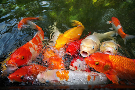 A vibrant close up of colorful koi fish swimming in a pond, creating a visually stunning underwater scene.の写真素材