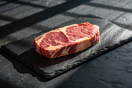 A juicy raw ribeye steak rests on a dark slate board, captured in natural lighting for an appetizing food photograph.の写真素材