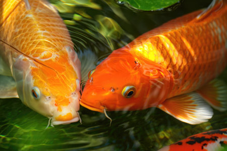 A close up view of two vibrant koi fish swimming in clear water, their colors and details are striking.の写真素材