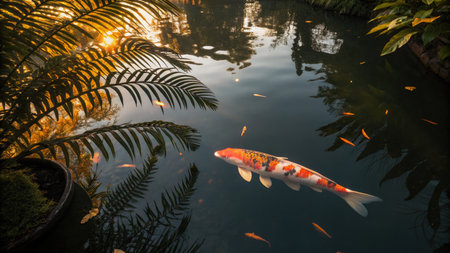 A serene koi fish swims gracefully in a tranquil pond, framed by lush greenery and the warm glow of the sun.の写真素材