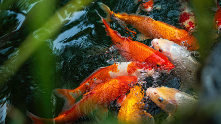 A vibrant view of koi fish swimming in a pond, showcasing their colorful scales and dynamic...