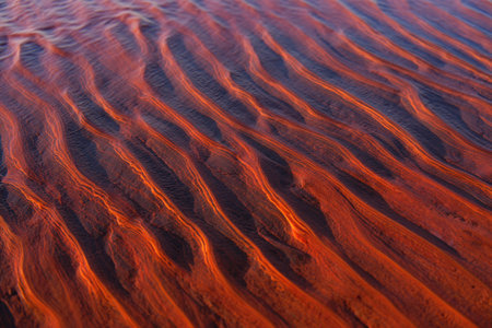 Close up of textured sand lit by the warm glow of the setting sun, creating a visually captivating natural pattern.の写真素材
