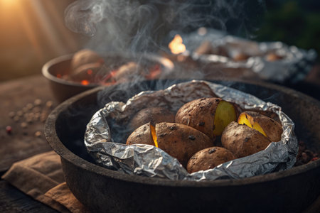 Close up of freshly baked potatoes in foil, steaming, on a rustic wooden table with natural light.の写真素材