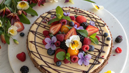 A beautifully decorated dessert tart with fresh berries, flowers, and drizzled chocolate. A perfect treat for any occasion.の写真素材