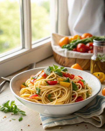 A bowl of spaghetti with tomatoes and herbs sits near a window, next to more ingredients.の写真素材