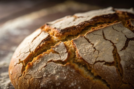 A close up shot of a freshly baked loaf of bread with a crispy crust.の写真素材
