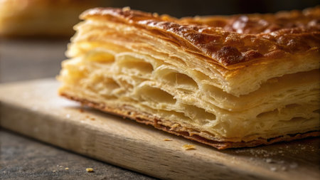 Close up of a golden, flaky pastry on a wooden board, showcasing layers of deliciousness.の写真素材
