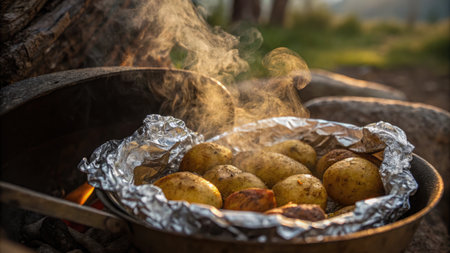 A close up shot of potatoes being cooked in a pan, generating a lot of steam. Outdoor cooking during camping.の写真素材