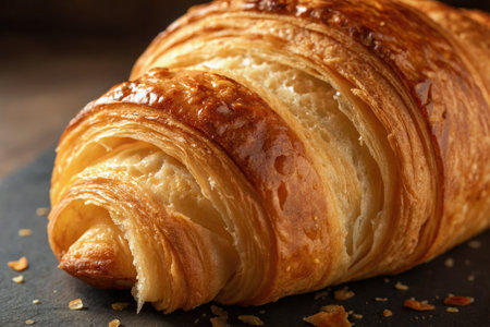 A delicious close up of a freshly baked croissant, golden and flaky, perfect for breakfast. Isolated on a dark background.の写真素材