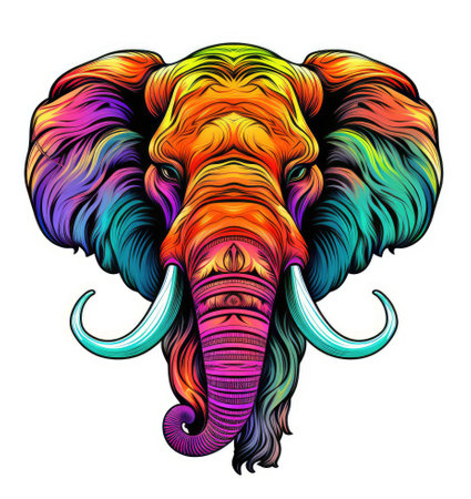 Mammoth in bright colourful psychedelic pop art style isolated on white background Template for t-shirt print, sticker, design element etc.の写真素材