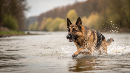 A beautiful German Shepherd dog is running through the water, creating a splash in a river.の写真素材