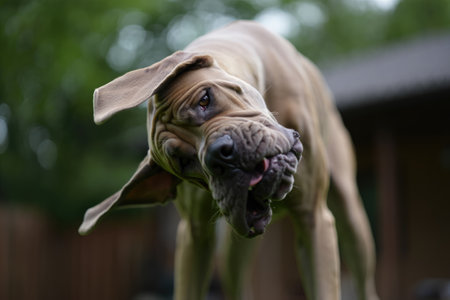 A great dane shows its face close up, capturing a moment of surprise or excitement with its tongue out.の写真素材