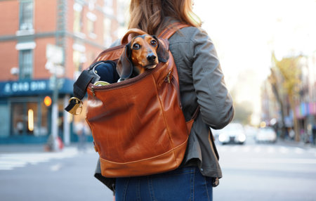 A woman carries a dachshund dog in a brown leather backpack while walking on a city street.の写真素材