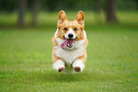 A happy Pembroke Welsh Corgi jumps joyfully through the green grass of a park, with its tongue sticking out.の写真素材